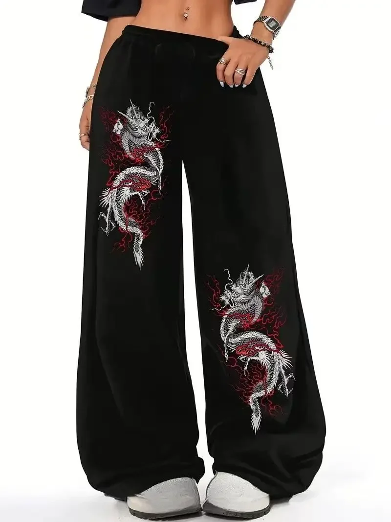 Women's Vintage Oriental Dragon Floral Print Wide Leg Sweatpants Casual Streetwear Vacation Loungewear Trousers for Adult Women