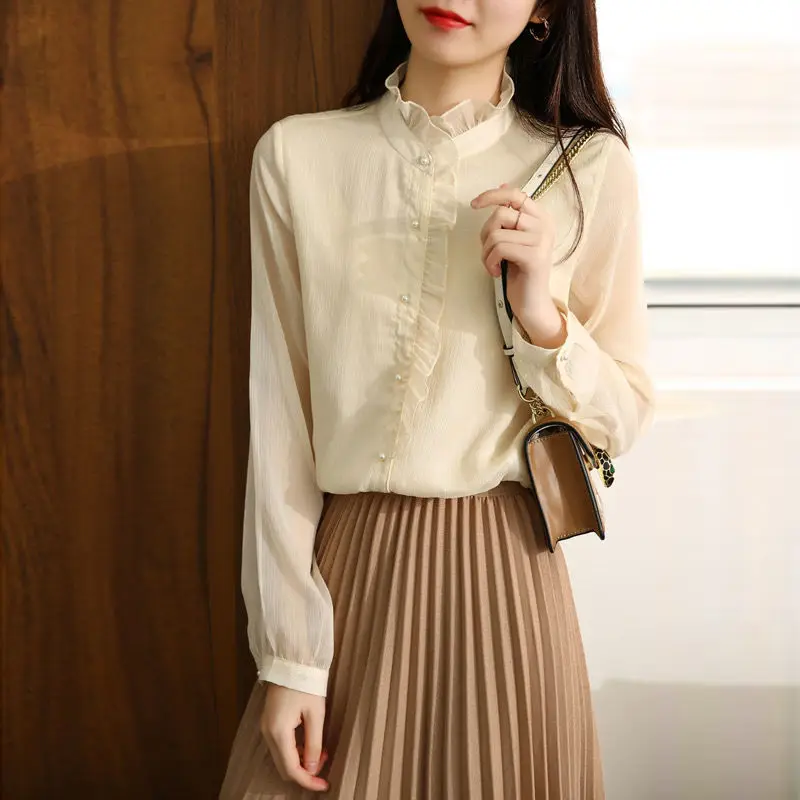 Elegant Fashion Ruffl Neck Button Chiffon Shirt Woman Clothing 2022 Summer New Office Lady Commute All-match Long Sleeve Blouses