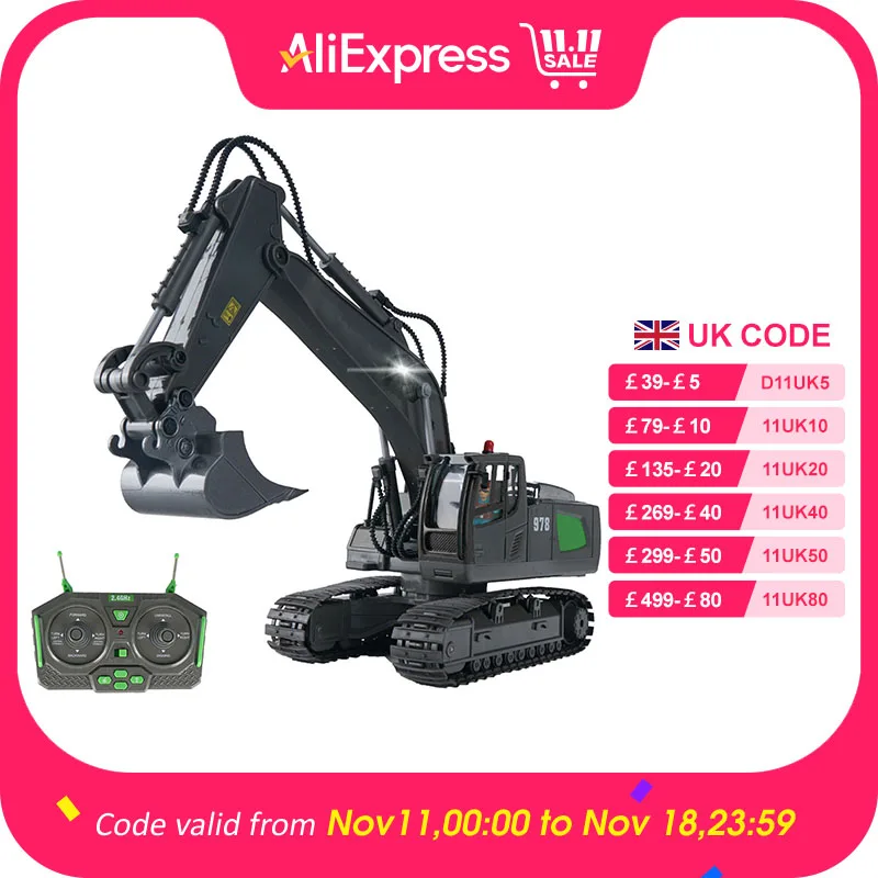 RC Excavator 1/20 2.4GHz 11CH RC Construction Truck Engineering Vehicles Educational Toys for Kids with Light Music