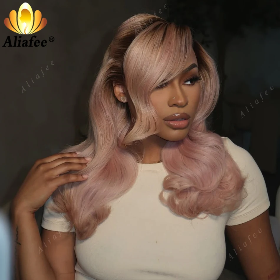 

Brown Root Ombre Pink Color Body Wave Wigs 200% Density Full Frontal Lace Wigs for Women Pre Plucked Ombre Pink Human Hair Wigs