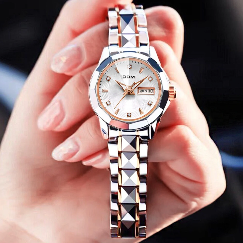 

DOM 1677 Brand Women Mini Watch Steel Simple Waterproof Luminous with Date Week Quartz Watches Elegant Bracelet for Gift