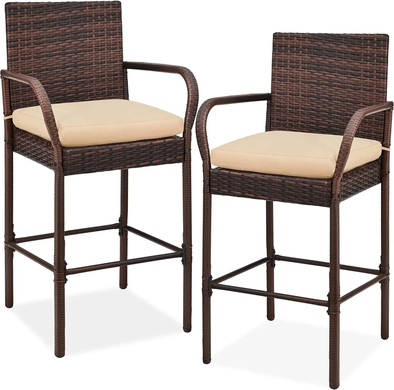 

Set of 2 Wicker Bar Stools, Indoor Outdoor Bar Height Chairs w/Cushion, Footrests, Armrests for Backyard, Patio, Pool, Garden