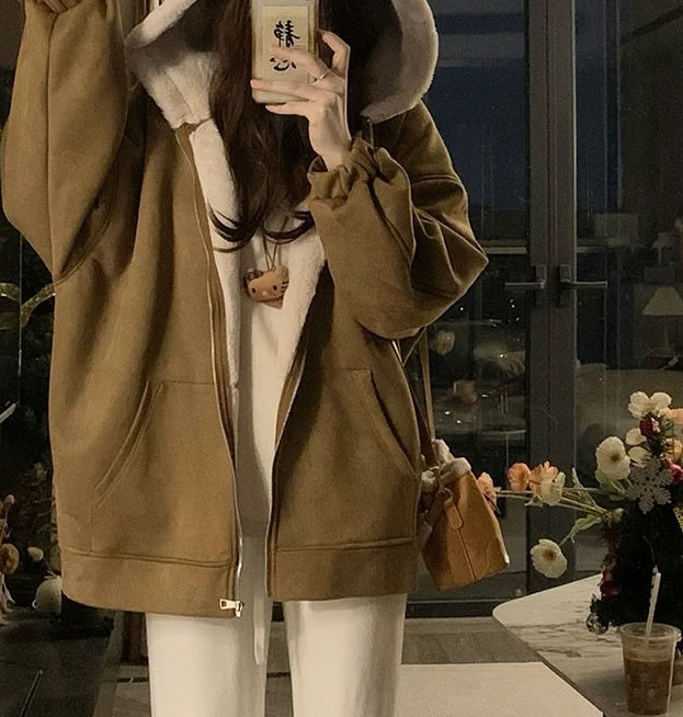 Hooded and Flannel Cotton Coat Women's Lamb Fleece Cotton Coat Winter Jacket