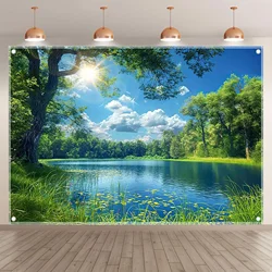 Forest Lake Natural Scenery Spring Sunshine Blue Sky White Clouds Outdoor Fishing Camping Picnic Party Photo Background