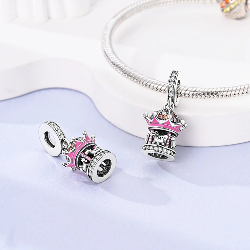 Original 925 Sterling Silver Pink Zircon Love Bow Dangle Charm Fit Pandora Bracelet Trinket Diy Women Jewelry