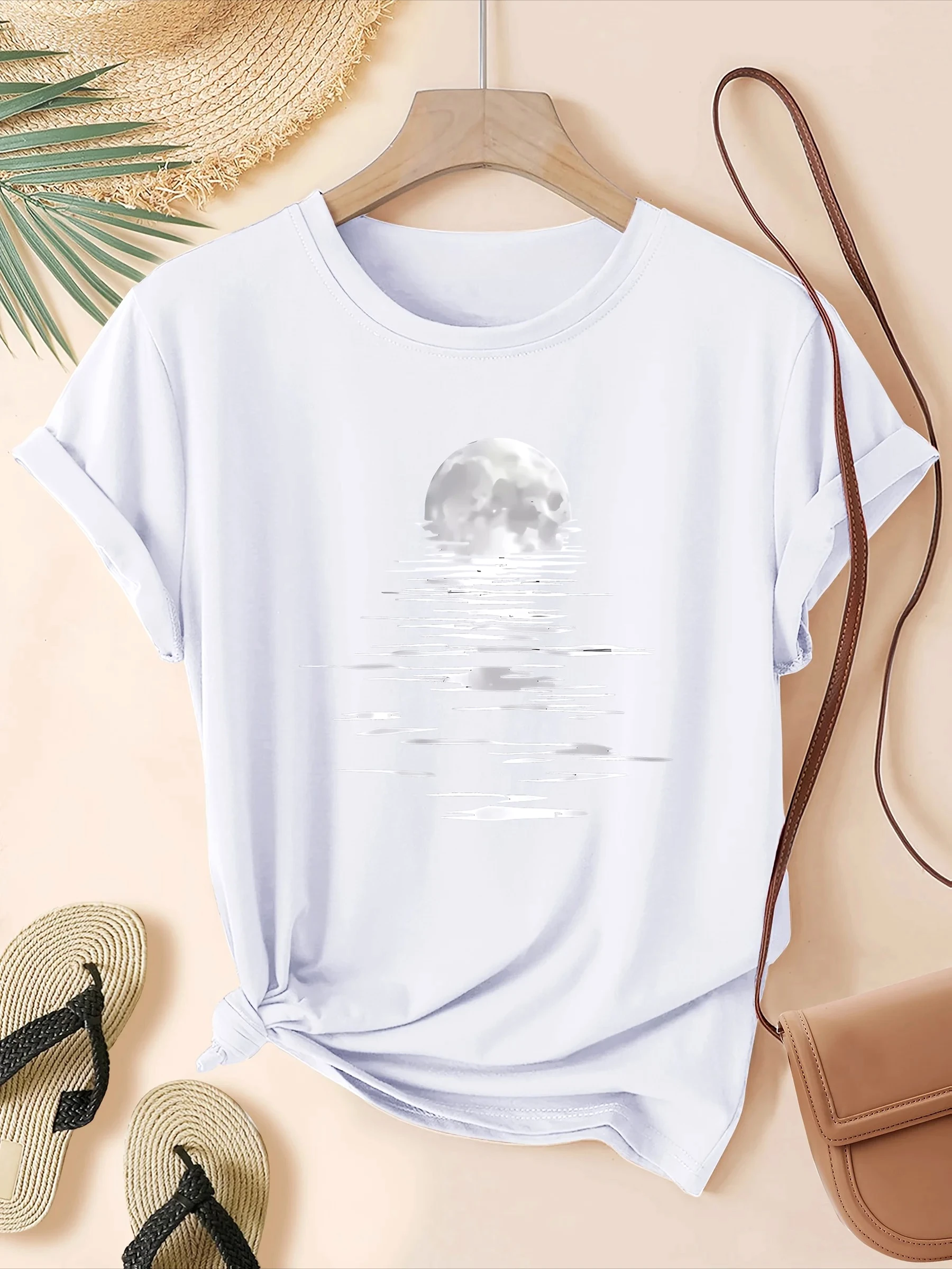 Moonlight Over Water Women's Tee Minimalist Graphic Casual Gray Top Trendy Cool Tee Shirts Short Sleeves Aesthetics Tops