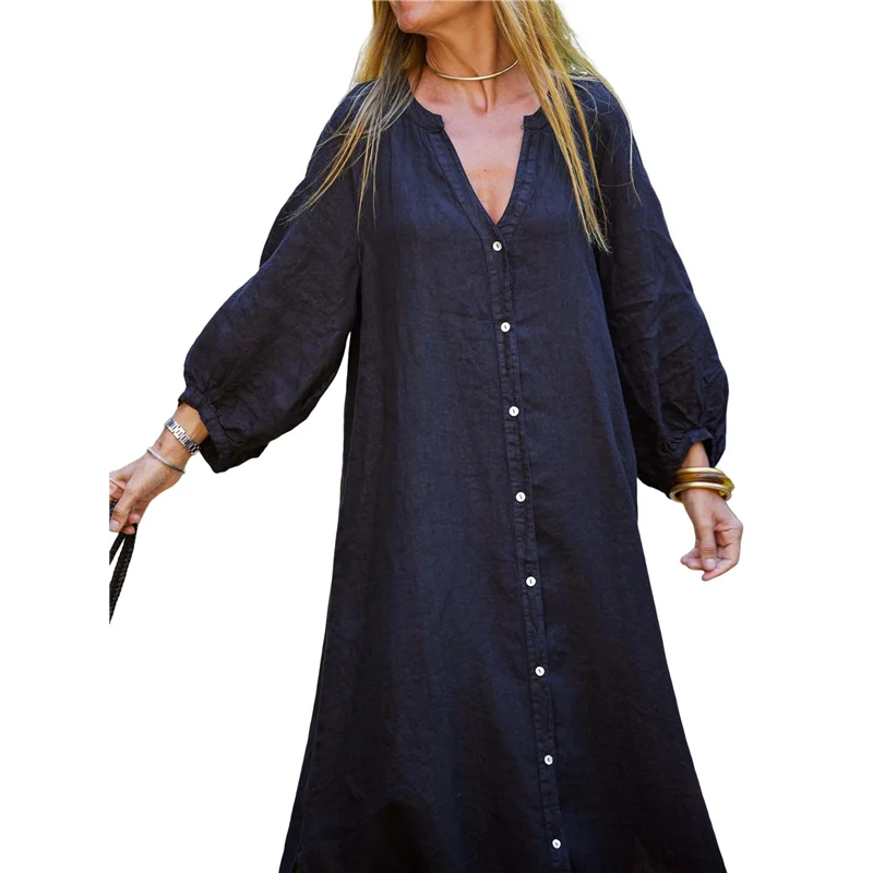 ชุดเดรสเชิ้ตผ้าลินินแขนยาวคอปกทรงหลวมสไตล์ลำลองสำหรับผู้หญิง CGS-Women Summer