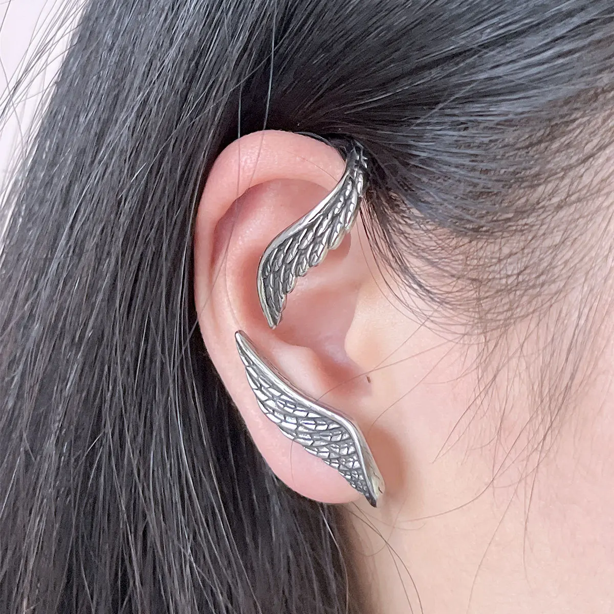 Retro Big Angel Wings Non-pierced Ear Clips Stainless Steel Ear Clasp For Men Women Punk Gothic Accessories Jewelry Unisex Gift