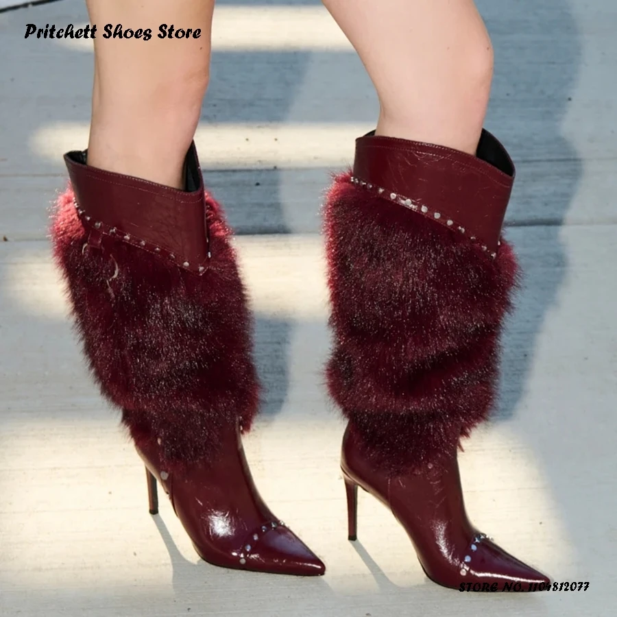 Women's Studded Faux Fur Modern Boots Autumn Winter Pull On Stiletto Knee-high Boots Pointed Open Toe Thin Heels Plus Size Shoes