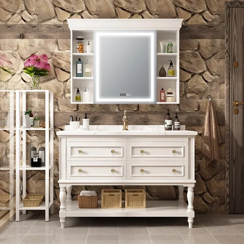 

Compact Modern Solid Display Bathroom Cabinets with Ceramic Washbasin Nordic Bathroom Vanity Cabinet Display Unique Furniture