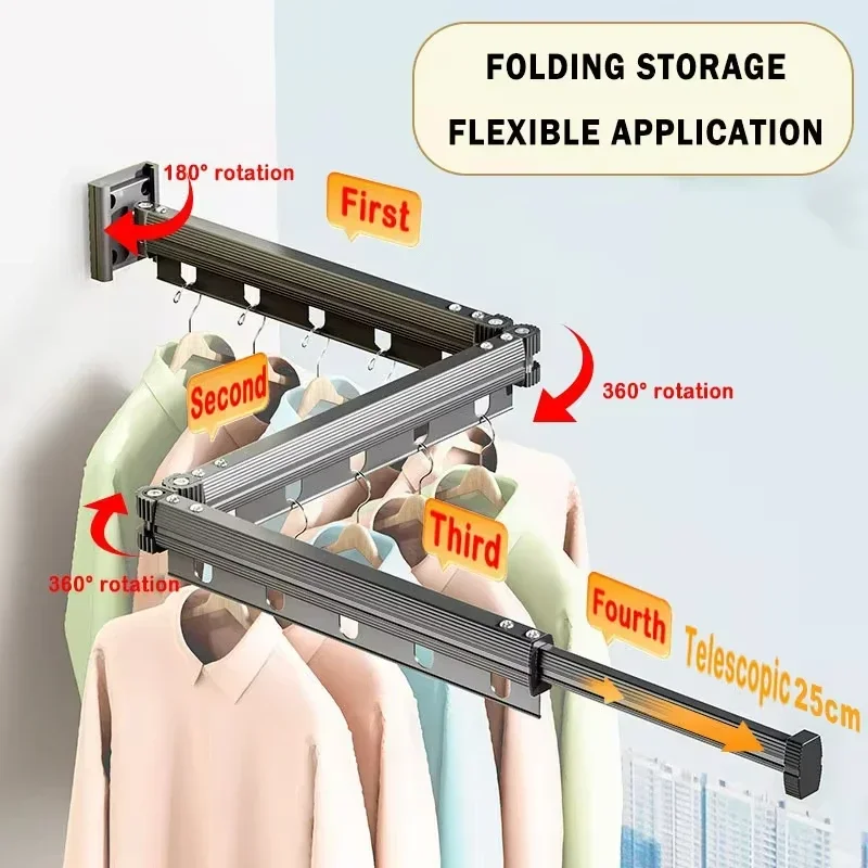 Tendedero de ropa plegable con montaje en pared de succión con poste de extensión de ventosa retráctil, tendedero de ropa reutilizable de 3 pliegues