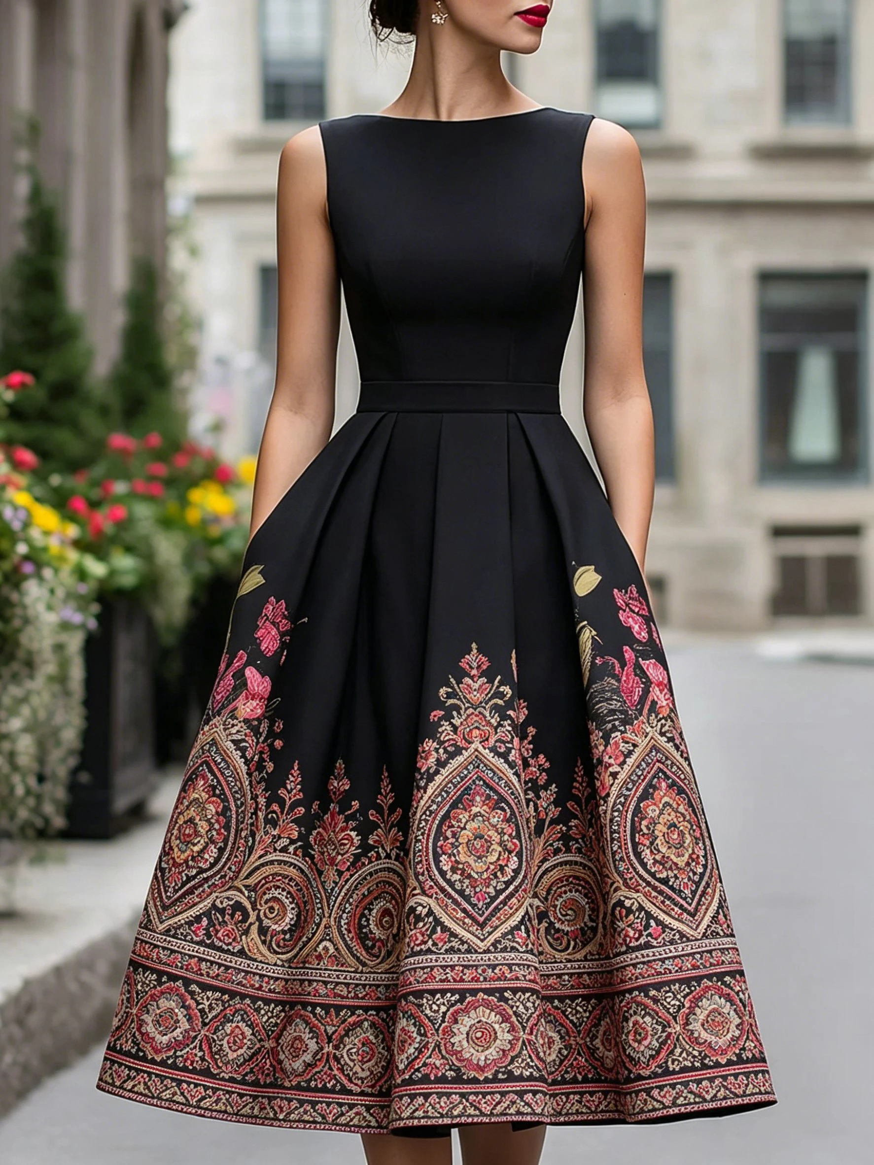 

Women Vintage Ornate Paisley Print Crew Neck Midi Dress Cap Sleeve A-Line Elegant Cocktail Party Evening Dress With Pocket Dress