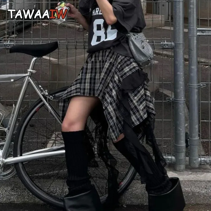 Tawaaiw Streetwear Gonna scozzese Donna Moda coreana Abbigliamento gotico irregolare A-line Gonne a vita alta per donna Y2k Fondo