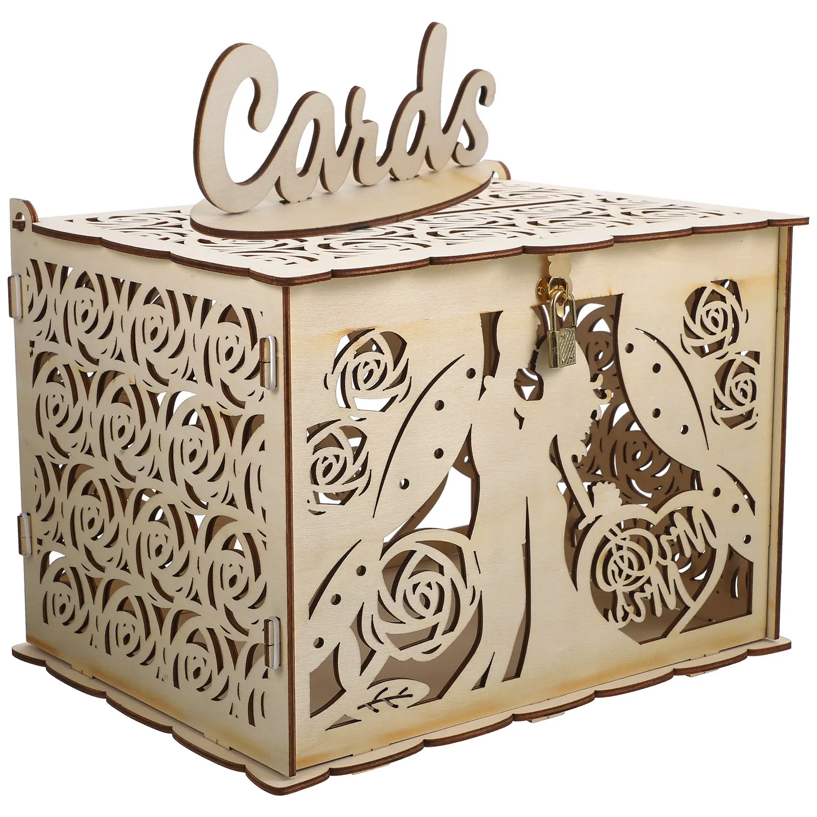 Hollowed Out Rustic Wooden Wedding Card Box for Reception Guest Sign-in Cards Envelopes Money Gifts Keepsake Box Decor