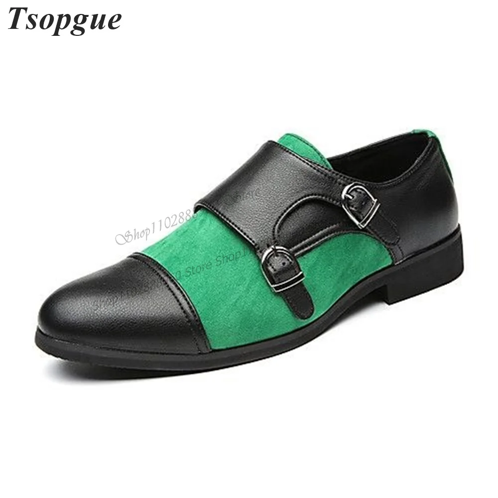 Pumps masculino de cinta de fivela estilo britânico patchwork, sapato de passarela masculino, sapato casual de festa, preto e verde