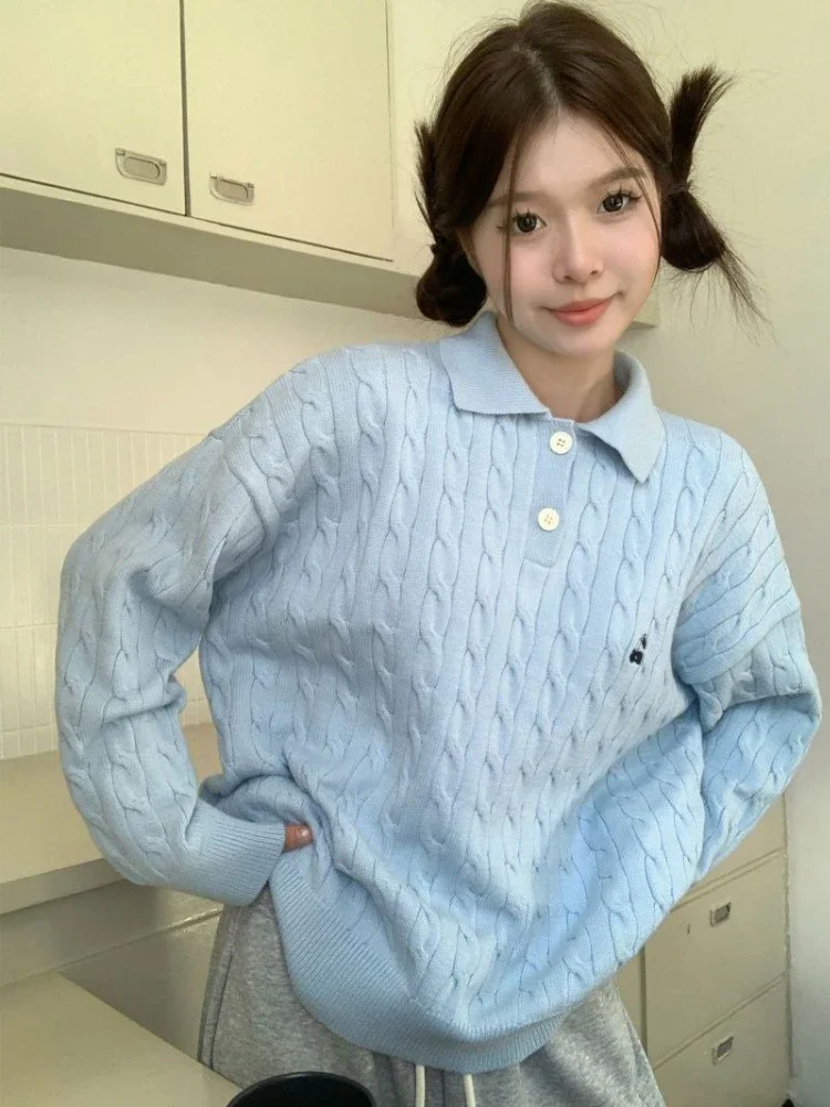 2026 Autumn Vintage American Style Cable Knit Polo Sweater Women Fashionable Inner Top