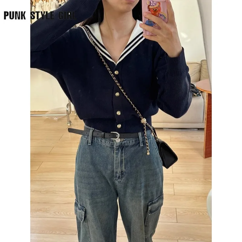 2024 Sailor Collar Vintage Women Cardigan Preppy Style Basic Sweater Korean Spring Knitwear White Jumper Japanese Aesthetic Tops