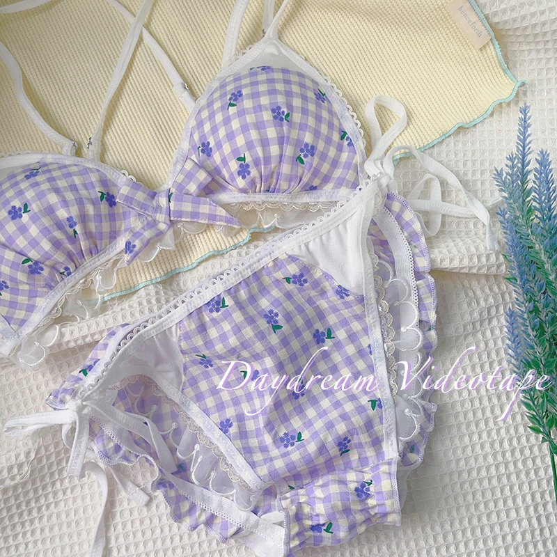 Checkered Floral Lingerie Set with Small Chest Gathering, Anti-Sagging, Uplifting, And Side Breast Support. Thin, Girly Bra Set. - view 4