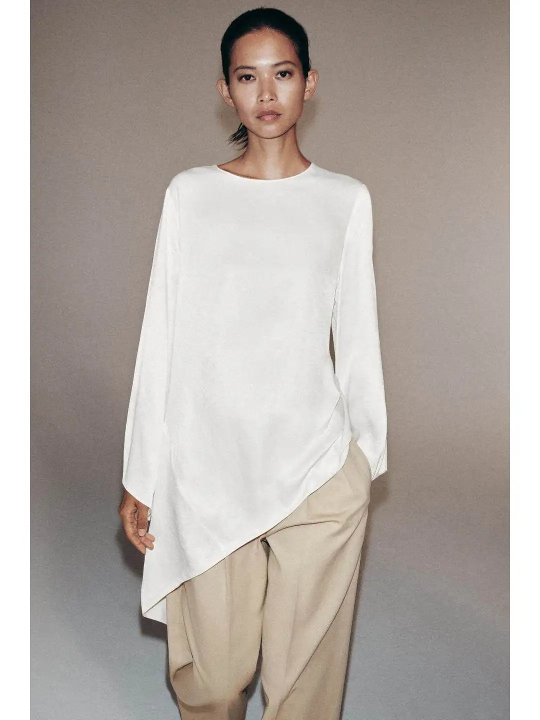 

Asymmetric Back Split Silk Feel Knot Top Women's Mid-Length Shirt European Style Straight Cut Spring New Arrival
