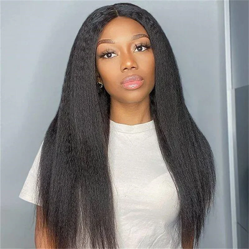 Soft 26Inch Long Black Yaki Kinky Straight Natural Hairline 180Density Lace Front Wig For Women Glueless Baby Hair Preplucked