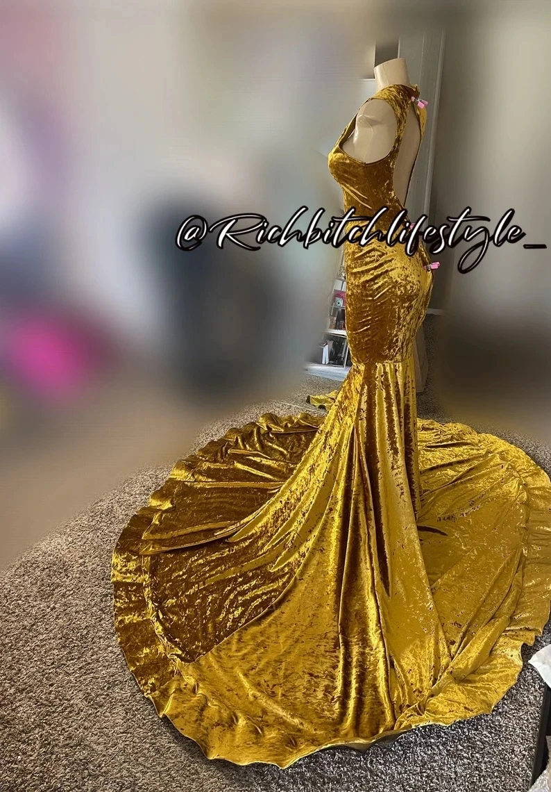 Vestido De graduación africano americano dorado, vestido De noche con apliques De terciopelo transparente De sirena para niñas negras, vestido De noche nigeriano