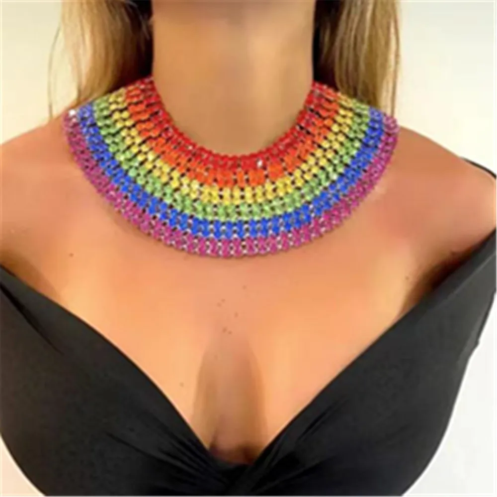 Hyperbolic Rhinestone Multiple Rows Rainbow Wide Bib Choker Necklace Wedding Jewelry for Women Shiny Crystal Big Collar Necklace