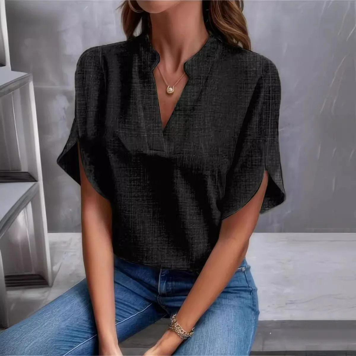 Summer Casual V-neck Shirt Blouse Women Fashion Pure Color Short Sleeve Shirts For Women 2024 Office Ladies Elegant Blouse Tops