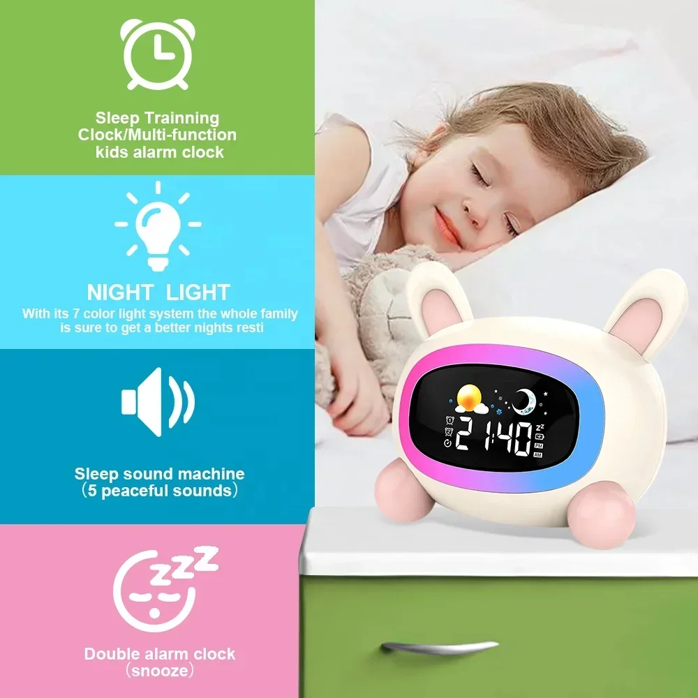 Despertador digital moderno para crianças, luz noturna, desenhos animados bonitos, decoração de casa, mesa, criança pequena, quarto, treinador do sono para crianças