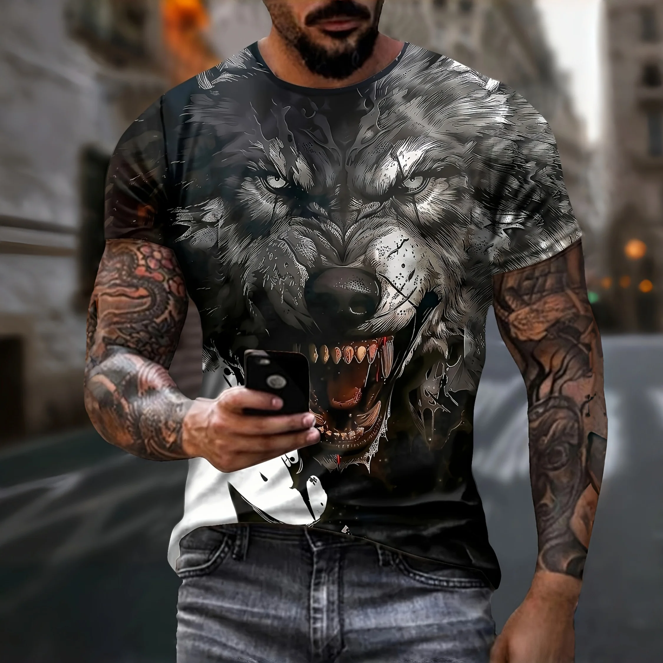 

Men 3D Pattern Fire Wolf Graphic Print T-Shirt Summer Oversized Causal T-Shiet Men's Fashion Fitness Short Sleeve Clothing Tops