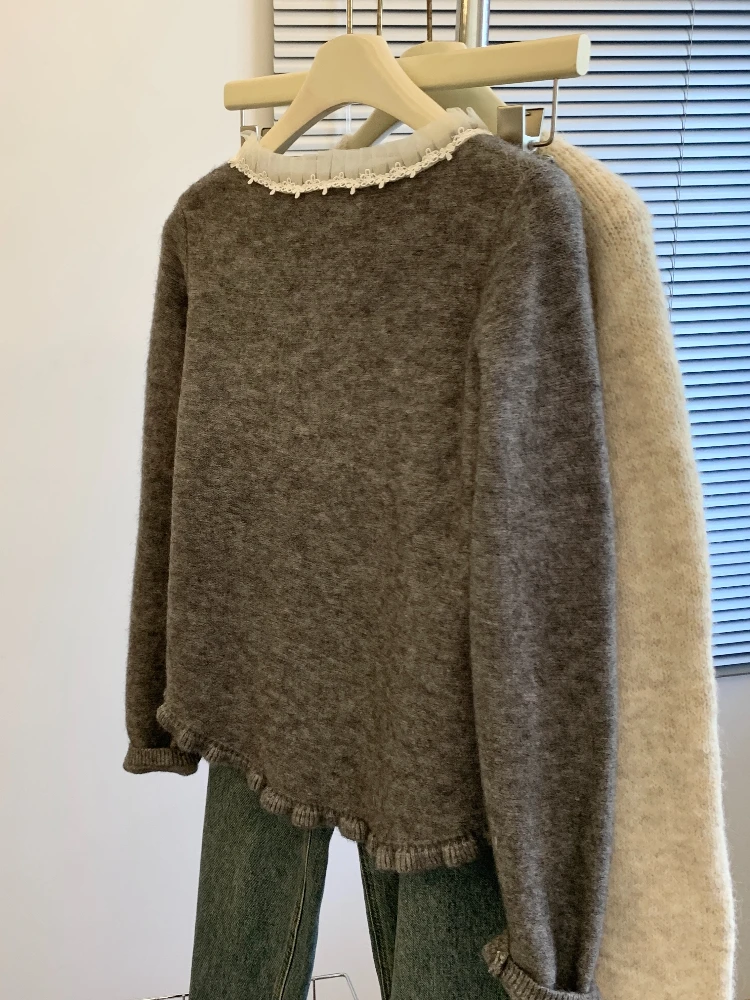 سترة المرأة الكورية نمط الدانتيل س الرقبة كل مباراة الخريف الشتاء القوس الديكور تصميم تريكو عادية حلوة جميلة الفتيات Ulzzang