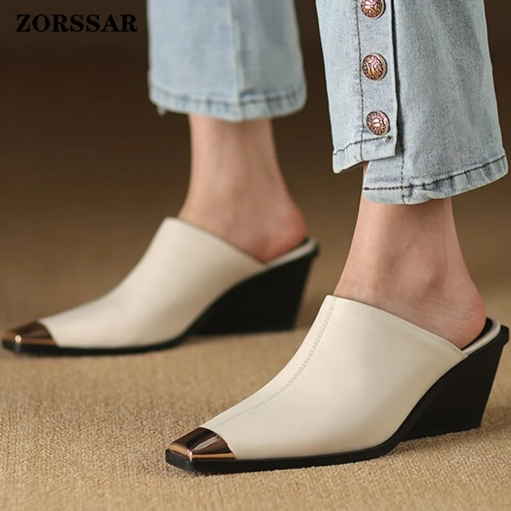 

Женские кожаные мюли без задника с квадратным носком на танкетке, с металлическим наконечником, элегантные, современные, стильные, повседневные туфли без застежек для ежедневной носки