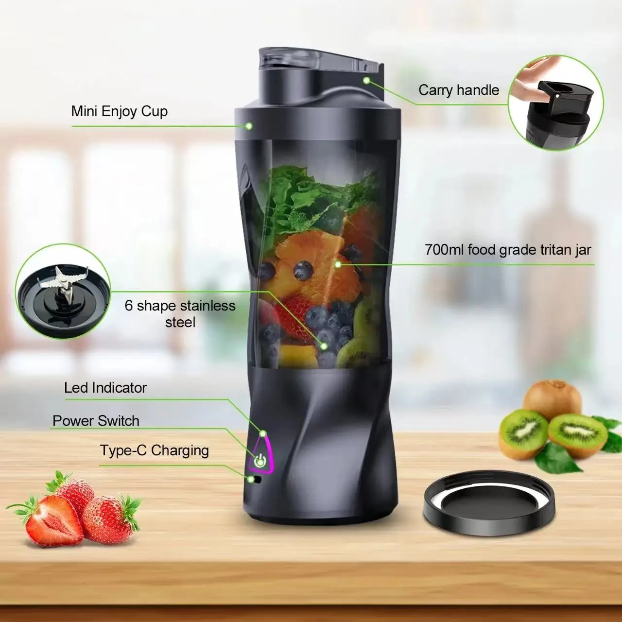 

2026 New Portable Electric Wireless Juicer For Home USB Charging 700ml Large-Capacity Fruit Blender