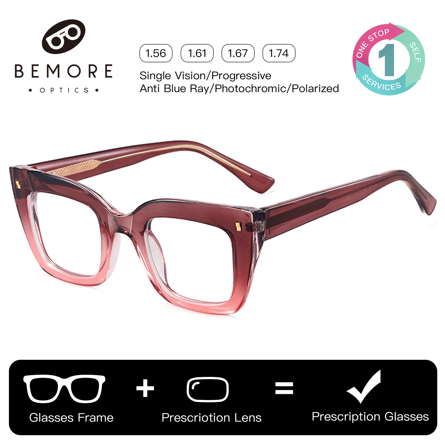 BEMORE Wine Red Handmade Acetate Prescription Eyewear Progressive Multifocal Blue Light Filter Graduated Glasses Woman