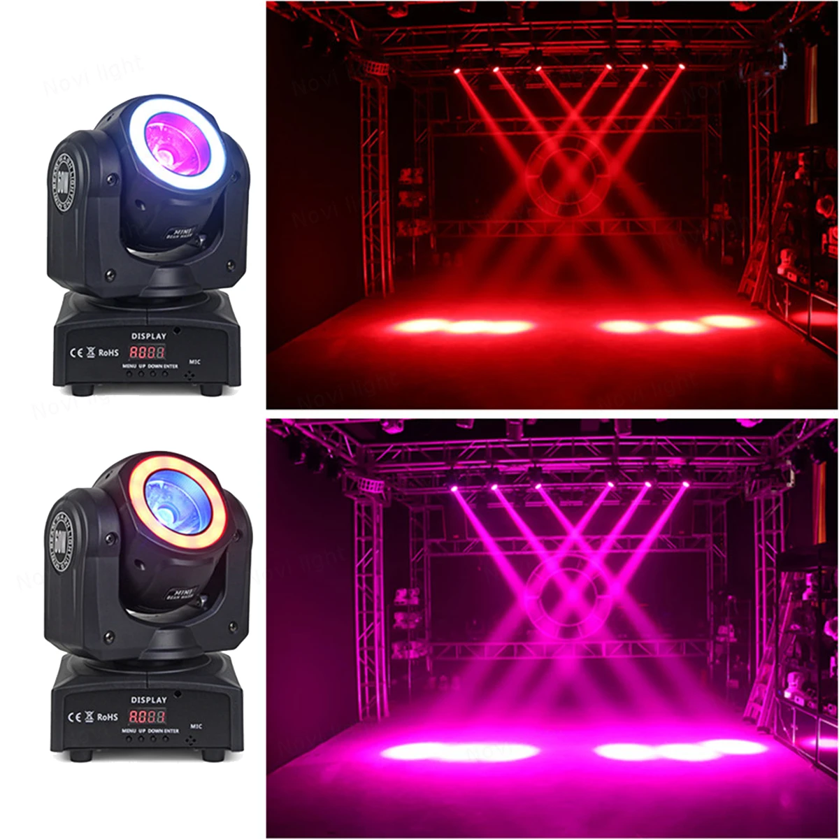 

Disco Dj Moving Head Light RGBW 4in1 60W Mini LED Beam Light with Halo Strip Stage Equipment for Party Club