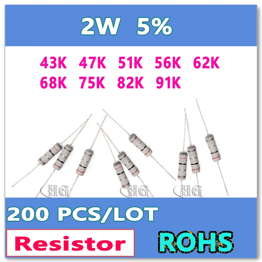 JASNPROSMA 200 шт./лот 5% 2 Вт 43 К 47 К 51 К 56 К 62 К 68 К 75 К 82 К 91 К углеродная пленка DIP Ом резистор