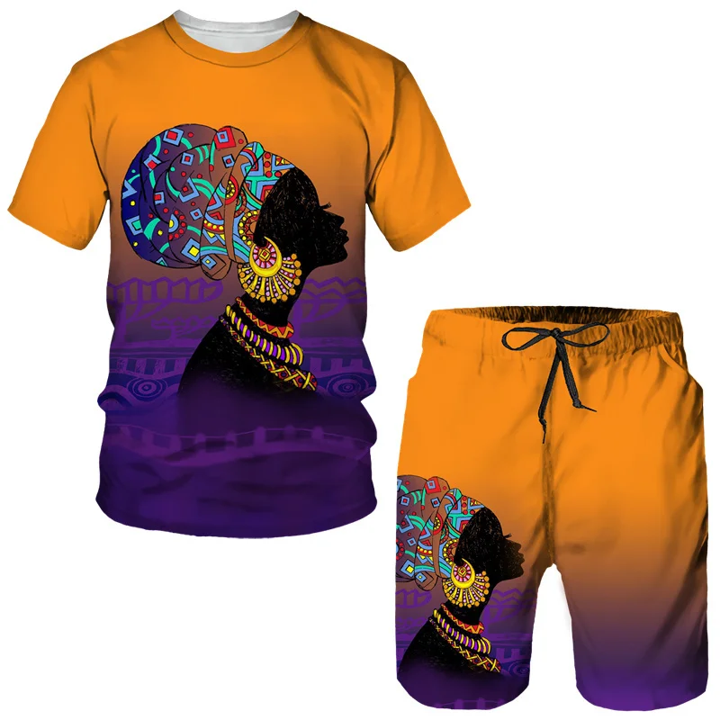 Summer African Girl 3D Print T-Shirts Shorts Sets Men's Ethnic Style Oversized Short Sleeve T Shirt Pants Set Man Suits Clothing