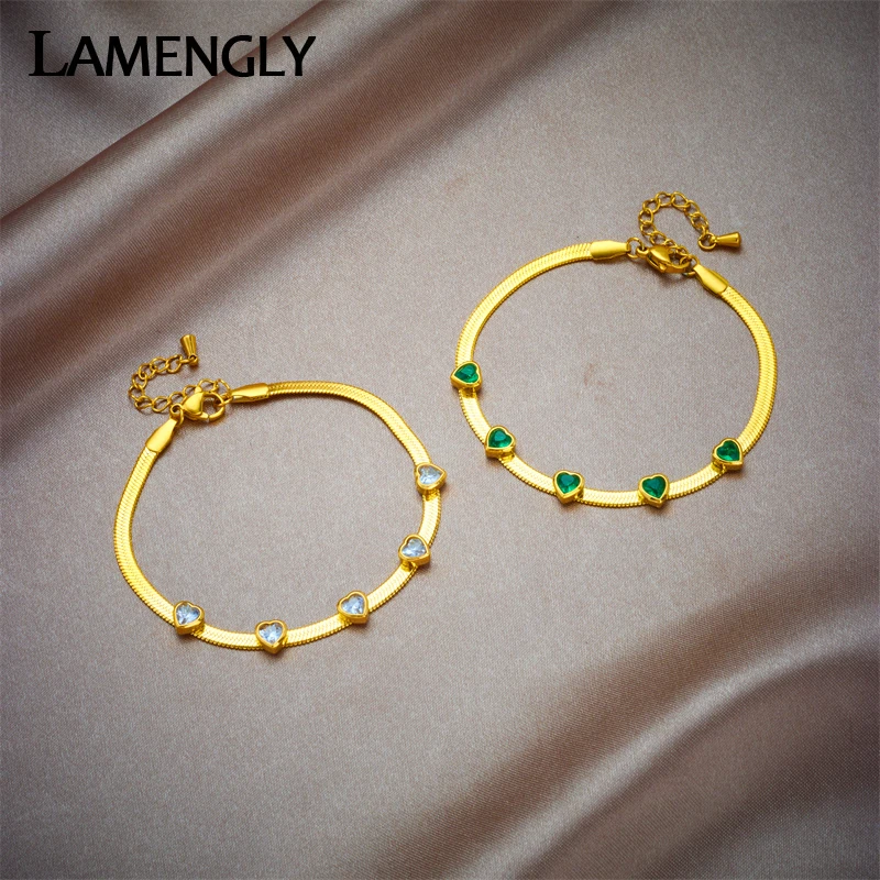 LAMENGLY 316L Stainless Steel Heart Green White Crystal Charm Bracelet For Women New Trend Girls Wrist Snake Chains Jewelry Gift