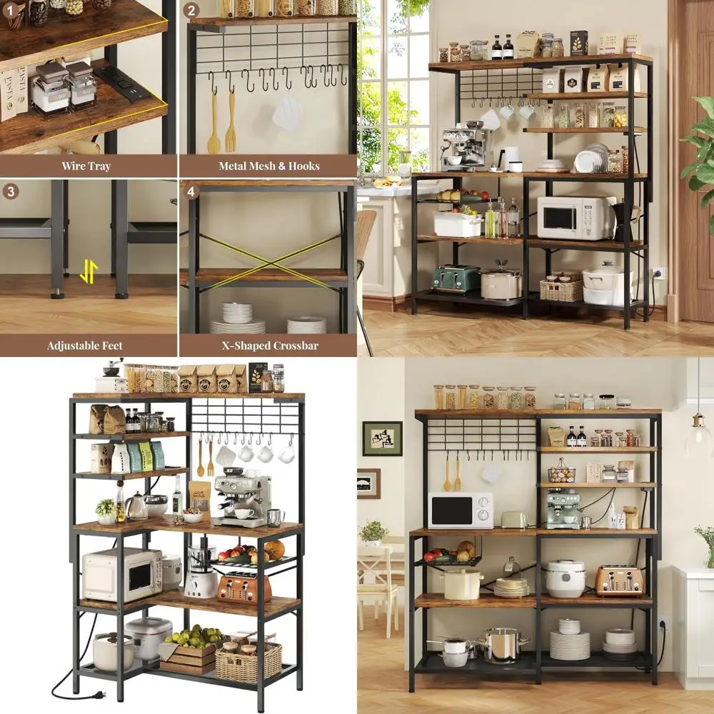 

6-ярусная L-образная кухонная полка с розеткой, открытыми полками и проволочными корзинами, цвет: рустик-коричневый и черный