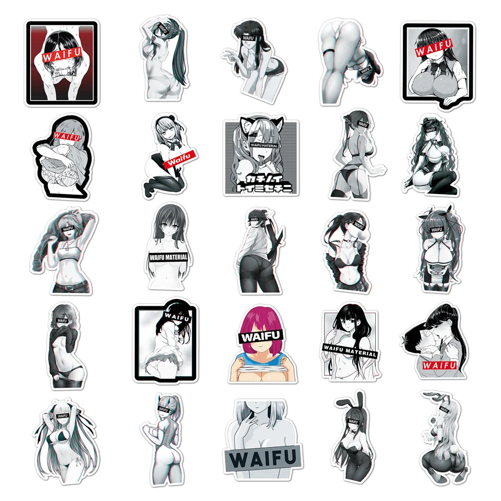 50PCS New Cartoon Black And White Waifu Girl Graffiti Car Mobile Phone Skateboard DIY Waterproof PVC Suitcase Toy Reward Sticker