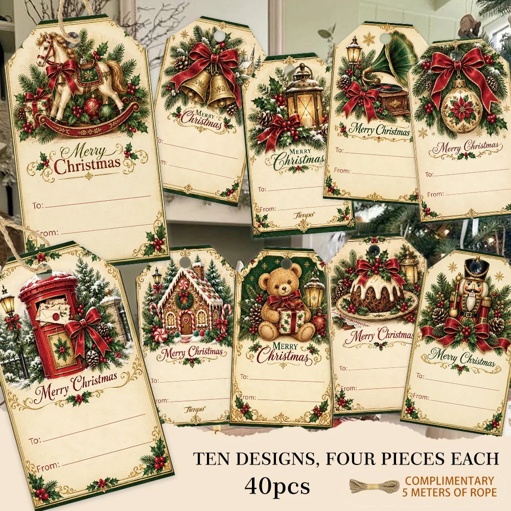 40pcs, Gift Tags, Vintage Red Green Writing Xmas, Hanging Paper Labels for Gift Wrapping, Holiday Party Decor with String