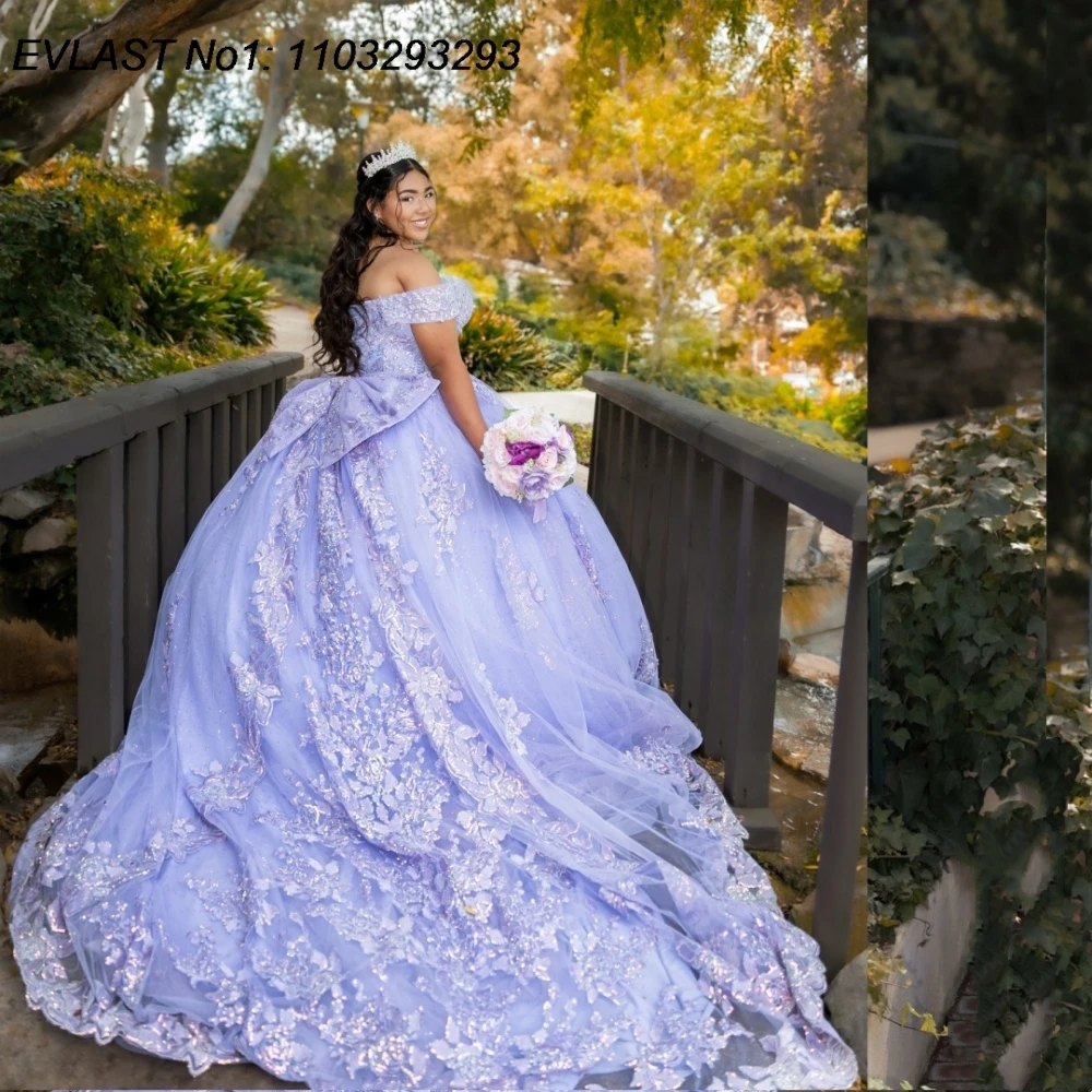 

EVLAST Customized Glitter Lilac Quinceanera Dress Ball Gown Floral Lace Applique Beading Sweet 16 Vestidos De 15 Anos E1QN655