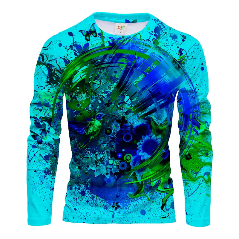 Tie-dye Print Men\'s Casual T-Shirts Long Sleeve 3D Pattern Street Hip Hop White Man Tops Spring Loose Harajuku Tees Big Size 6XL