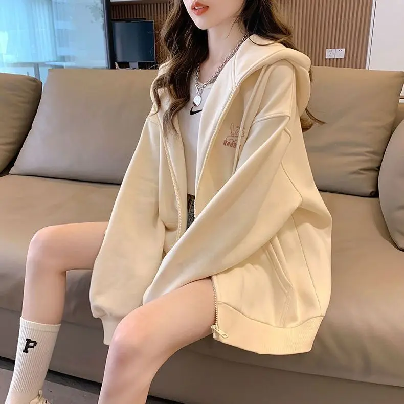 

Autumn and Winter New Women's Sweater Fashion Hooded Zipper Fleece Thickened Top Long Sleeve Jacket