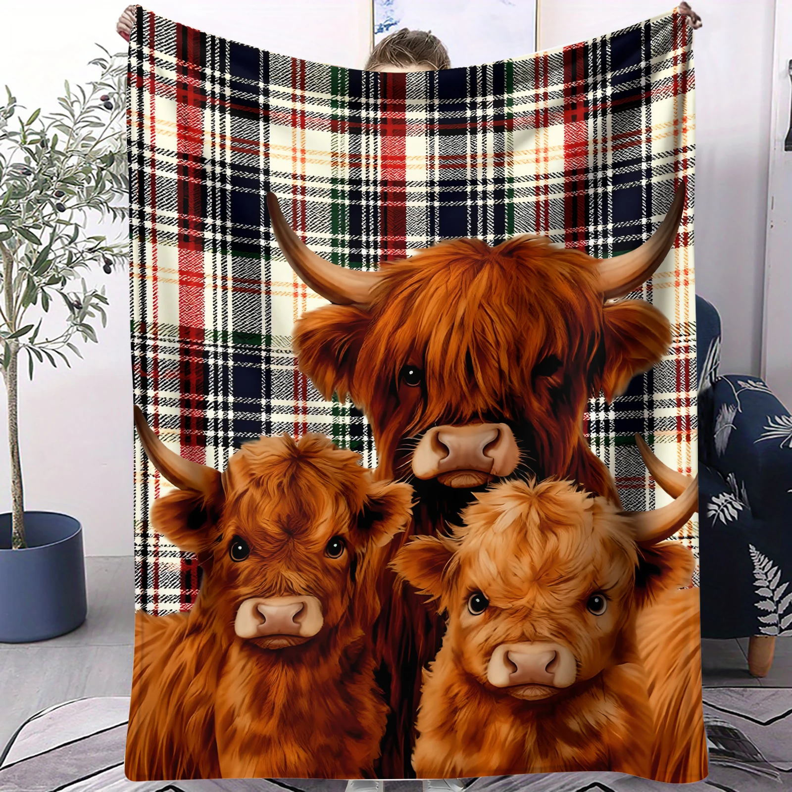 

Фланелевое одеяло с принтом в клетку «Семья высокогорных коров», мягкое, многофункциональное, декоративное, универсальное, подарочное.