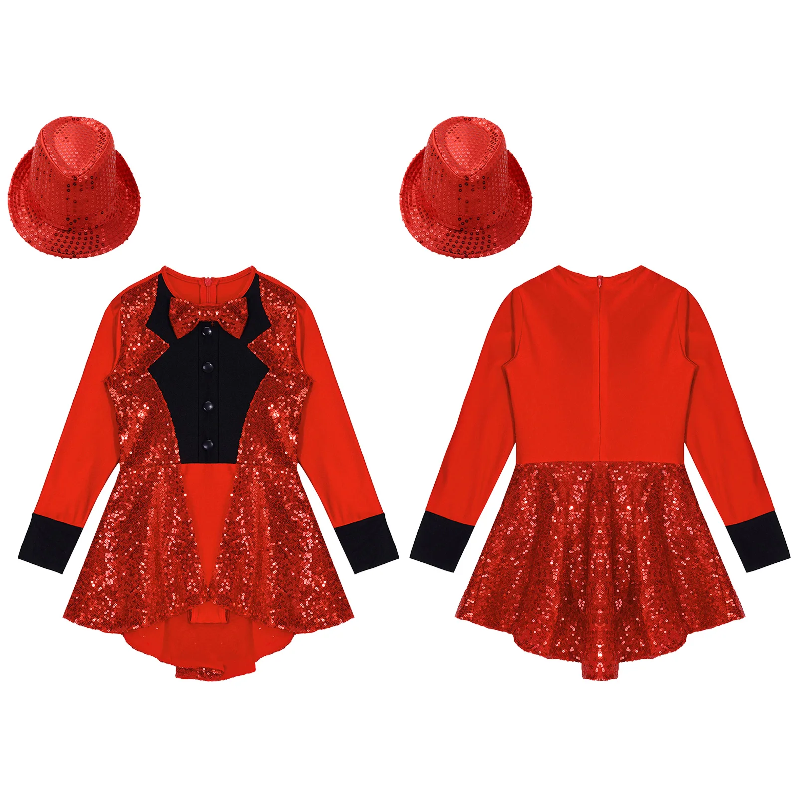 Kids Girls Magician Costume Set Long Sleeves Bow Tie Tuxedo Sequin Leotard +Hat Magic Wand Gloves Halloween Dress Up Performance