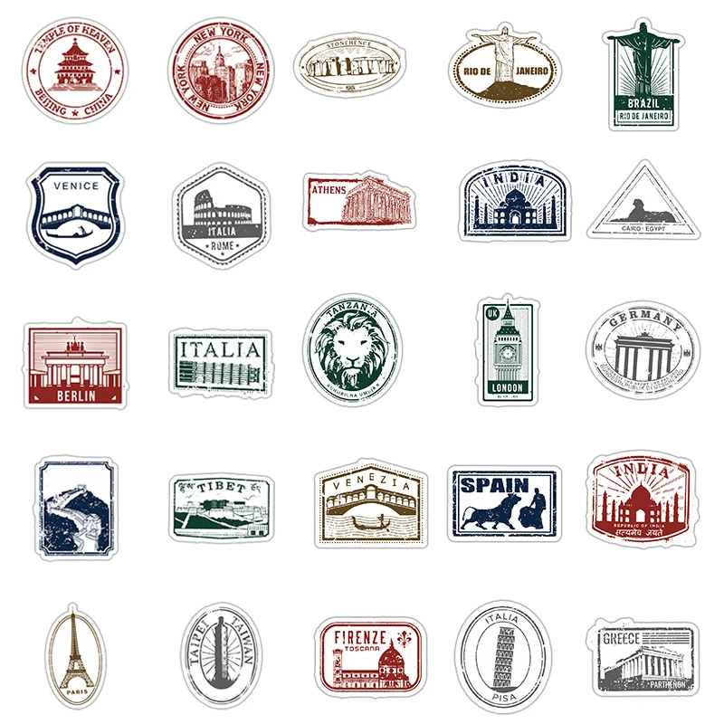 50PCS Retro Stamps Sticker DIY Decoration Phone Notebook Suitcase Skateboard Personalization Waterproof Decals Kids Toys Gift