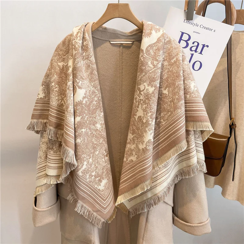 

Luxury Elegant Travel Scarves Warm Vintage Shawls Versatile Tassel Neckbands Double-sided Cashmere Scarve Printed Shoulder Pads