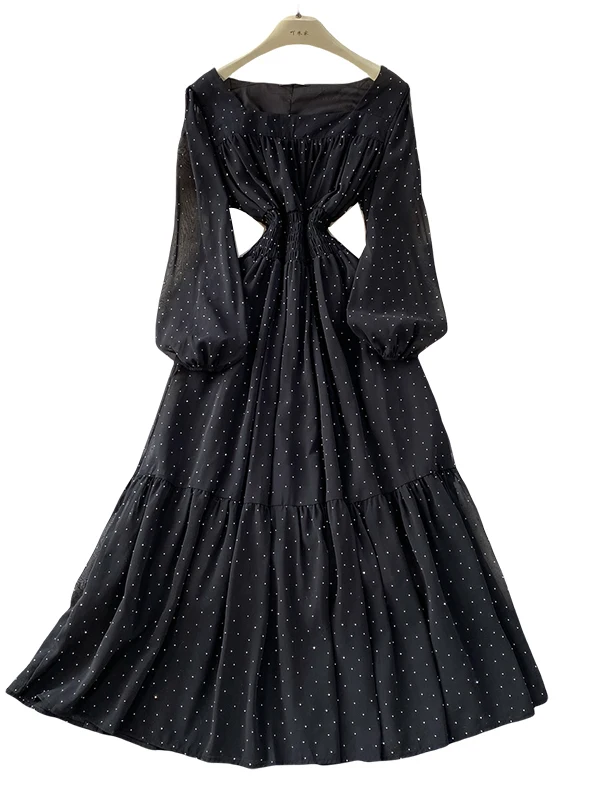 Ele High-End Sparkling Evening Dr Square Ne Long Skirt Women's Summer Elastic Pleated Waist Contraction Dr