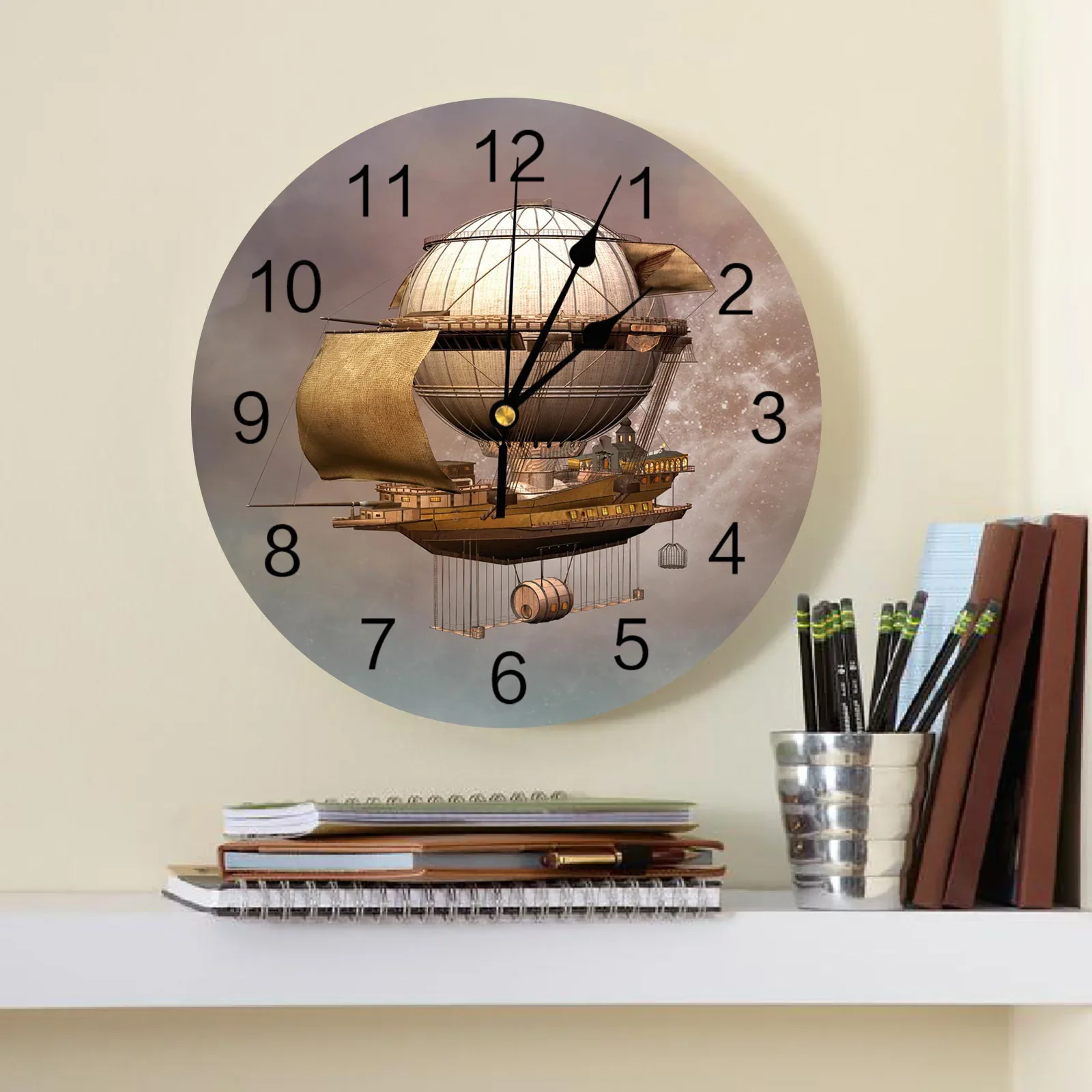 Steampunk Airship Retro Style Decorative Round Wall Clock Arabic Numerals Design Non Ticking Bedrooms Bathroom Large Wall Clock