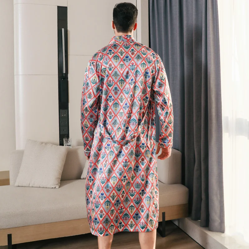 Pijama de seda de gran tamaño para hombre albornoces de manga larga estilo fino ropa de casa de verano, primavera y otoño